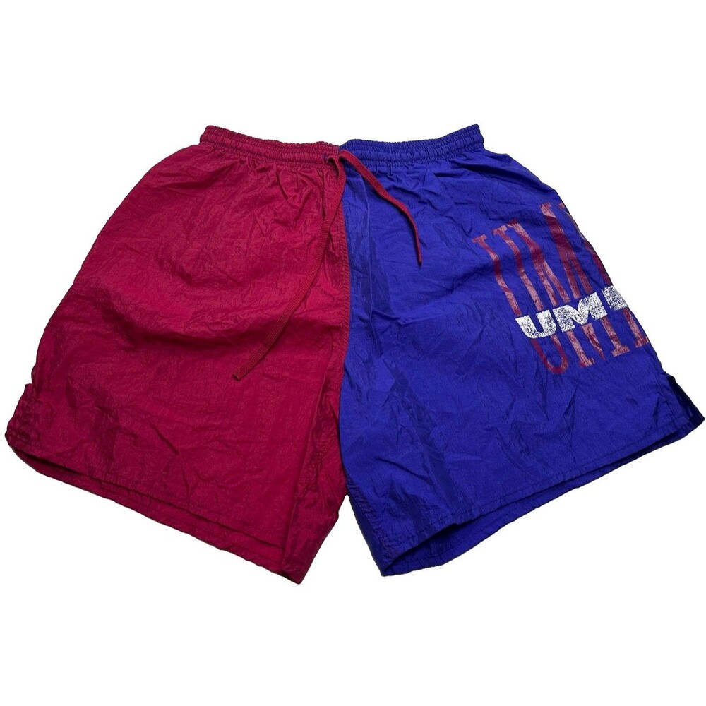 VTG Umbro Nylon Colorblock Shorts 6" Size Medium Maroon Blue Made in USA